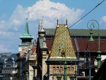 Budapest Great Market Hall`s Colorful Roof And Roof Top Details Stock Photography
