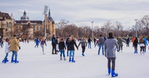 BUDAPEST, HUNGARY - DECEMBER 31, 2018: City Park ice rink on January 03, 2018 in Budapest, Hungary. City Park is Europe's largest royalty free stock photo BUDAPEST, HUNGARY - DECEMBER 31, 2018: City Park ice rink on January 03, 2018 in Budapest, Hungary. City Park is Europe's largest royalty free stock photo