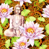 Buddha with lotus, leaves, decorative design. Seamless pattern. Watercolor Royalty Free Stock Image Buddha with lotus, leaves, decorative design. Seamless pattern. Watercolor Royalty Free Stock Image