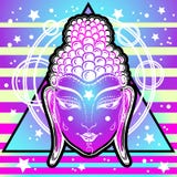 Buddha straordinario affronta nei colori al neon sopra la geometria sacra ed il fondo vibrante cosmico Chiarimento, trasformazion illustrazione di stock Buddha straordinario affronta nei colori al neon sopra la geometria sacra ed il fondo vibrante cosmico Chiarimento, trasformazion illustrazione di stock