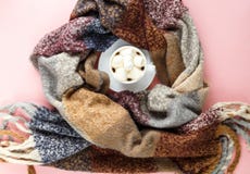 Bufanda caliente, acogedora del invierno y taza de café blanca con la melcocha blanca como marco en fondo rosado en colores paste fotografía de archivo libre de regalías Bufanda caliente, acogedora del invierno y taza de café blanca con la melcocha blanca como marco en fondo rosado en colores paste fotografía de archivo libre de regalías