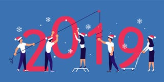 Building a numbers 2019. Business people in Santa Hat, man and woman building a numbers 2019, in flat modern style. preparing to meet the new year . Office Team royalty free illustration Building a numbers 2019. Business people in Santa Hat, man and woman building a numbers 2019, in flat modern style. preparing to meet the new year . Office Team royalty free illustration