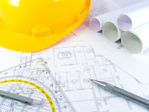 Building projects. With architect drawing and protective tools Building projects. With architect drawing and protective tools