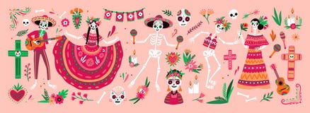 Bundel van Mexicaanse Dia DE los Muertos symbolen - skeletten gekleed in nationale volkskostuums die gitaar, maracas spelen of vector illustratie Bundel van Mexicaanse Dia DE los Muertos symbolen - skeletten gekleed in nationale volkskostuums die gitaar, maracas spelen of vector illustratie