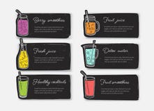 Bundle of banner templates or cards with smoothies, juices, detox water, cocktails in glasses, bottles, jars and jugs royalty free illustration Bundle of banner templates or cards with smoothies, juices, detox water, cocktails in glasses, bottles, jars and jugs royalty free illustration