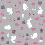 Bunny rabbit, leaves and plants repeating seamless pattern vector illustration Bunny rabbit, leaves and plants repeating seamless pattern vector illustration