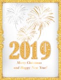 Buon anno 2019 - cartolina d'auguri classica con fondo bianco/d'argento illustrazione di stock Buon anno 2019 - cartolina d'auguri classica con fondo bianco/d'argento illustrazione di stock