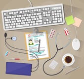 Bureau met laptop, medische en gezondheidszorghulpmiddelen royalty-vrije illustratie Bureau met laptop, medische en gezondheidszorghulpmiddelen royalty-vrije illustratie