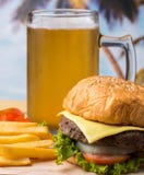 Burger Beer Meal Represents Ready To Eat And Bbq royalty free stock photo Burger Beer Meal Represents Ready To Eat And Bbq royalty free stock photo