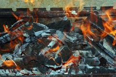 Burning coals. Brazier with burning flames and coals