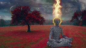 Burning head man meditates in lotus pose