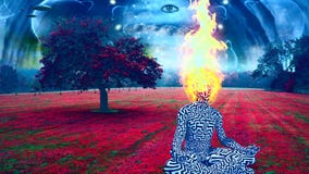 Burning head man meditates in lotus pose