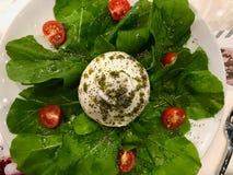 Burrata Cheese with Rocket Leaves and Cherry Tomatoes served at Restaurant. stock images Burrata Cheese with Rocket Leaves and Cherry Tomatoes served at Restaurant. stock images