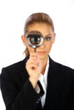 Business Girl And Magnifying Glass Royalty Free Stock Photos