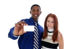 Business Man And Woman With Business Card Stock Images