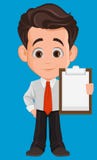 Business man cartoon character. Cute young businessman in office clothes holding blank clipboard. stock illustration Business man cartoon character. Cute young businessman in office clothes holding blank clipboard. stock illustration