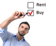 Business man choosing rent or buy option at formular real estate concept