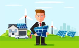 Business man employee of solar power plant and wind farm on background of clean energy powered household. royalty free illustration Business man employee of solar power plant and wind farm on background of clean energy powered household. royalty free illustration