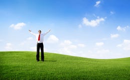 Business Man on the Field with his Arms Raised Royalty Free Stock Images Business Man on the Field with his Arms Raised Royalty Free Stock Images