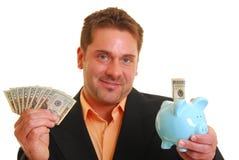 Business man holding a money and a piggy bank Stock Photos Business man holding a money and a piggy bank Stock Photos