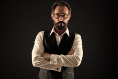 Business man success tips. Confident and successful. Businessman classic formal clothing eyeglasses hold hands crossed stock photography Business man success tips. Confident and successful. Businessman classic formal clothing eyeglasses hold hands crossed stock photography