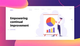 Business Meeting, Project Presentation, Male Character Point on Financial Pie Graph on Flip Board, Data Analysis vector illustration Business Meeting, Project Presentation, Male Character Point on Financial Pie Graph on Flip Board, Data Analysis vector illustration