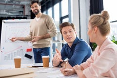Business people discussing charts and statistics on small office meeting Stock Images Business people discussing charts and statistics on small office meeting Stock Images