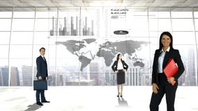 Business people in front of a world map