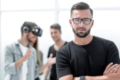 Business people making team training exercise during team building seminar using VR glasses royalty free stock photography Business people making team training exercise during team building seminar using VR glasses royalty free stock photography