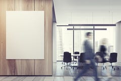 Business people in office lobby, wooden wall stock photo Business people in office lobby, wooden wall stock photo