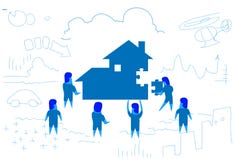Business people solving puzzle making house building home kit concept teamwork working process horizontal sketch doodle Royalty Free Illustration Business people solving puzzle making house building home kit concept teamwork working process horizontal sketch doodle Royalty Free Illustration