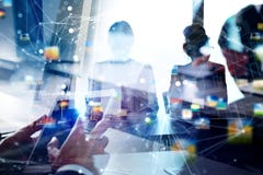 Business people work together in office. Concept of teamwork and partnership. double exposure with network effects stock photos Business people work together in office. Concept of teamwork and partnership. double exposure with network effects stock photos