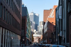 Business skyscrapers in the dowtown of Montreal, seen from a nearby street of the main city of Quebec, symbol of Canadian economy royalty free stock images Business skyscrapers in the dowtown of Montreal, seen from a nearby street of the main city of Quebec, symbol of Canadian economy royalty free stock images