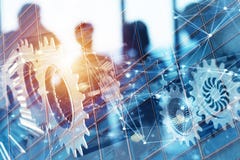 Business team with gears system. Teamwork, partnership and integration concept with network effect. double exposure vector illustration Business team with gears system. Teamwork, partnership and integration concept with network effect. double exposure vector illustration
