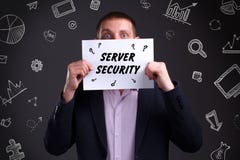 Business, technology, internet and network concept. Young businessman thinks over the steps for successful growth: Server security