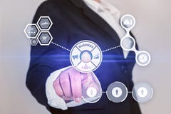 Business woman activates touch screen Royalty Free Stock Photos Business woman activates touch screen Royalty Free Stock Photos