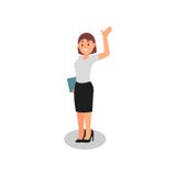 Business woman holding folder and waving by hand. Happy office worker. Young girl in formal clothes. Flat vector design royalty free illustration Business woman holding folder and waving by hand. Happy office worker. Young girl in formal clothes. Flat vector design royalty free illustration