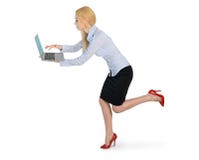 Business woman run with laptop royalty free stock photography Business woman run with laptop royalty free stock photography