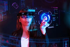 Business woman try vr glasses hololens in the dark room | Portrait of young asian girl experience ar | Future technology concept