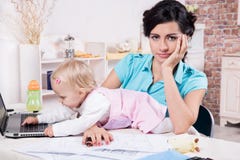 Business Woman With Laptop And Her Baby Girl Royalty Free Stock Image