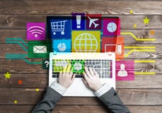 Business workplace with laptop in female hands device and media user interface Royalty Free Stock Photography Business workplace with laptop in female hands device and media user interface Royalty Free Stock Photography