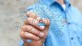 Businessman drawing thin line social network icons interface Royalty Free Stock Image Businessman drawing thin line social network icons interface Royalty Free Stock Image