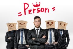 Businessman and four people with jute bags on their heads with the word `Person` and a crown above on white background vector illustration Businessman and four people with jute bags on their heads with the word `Person` and a crown above on white background vector illustration