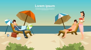 Businessman Freelance Remote Working Place On Sunbed royalty free illustration Businessman Freelance Remote Working Place On Sunbed royalty free illustration