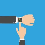 Businessman hand with white smartwatch with phone call on the screen, vector stock illustration Businessman hand with white smartwatch with phone call on the screen, vector stock illustration