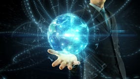 Businessman hold over hand global digital network