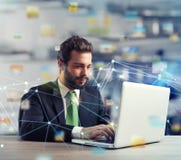 Businessman in office connected on internet network. concept of startup company royalty free stock photo Businessman in office connected on internet network. concept of startup company royalty free stock photo