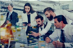Businessman in office connected on internet network with network effects. concept of startup company. double exposure Stock Photos Businessman in office connected on internet network with network effects. concept of startup company. double exposure Stock Photos