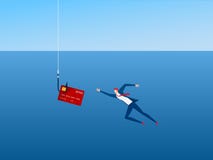 Businessman and phishing hook credit card. Thief Hacker steal your data credit card and money. Dangerous finance situation. stock illustration Businessman and phishing hook credit card. Thief Hacker steal your data credit card and money. Dangerous finance situation. stock illustration
