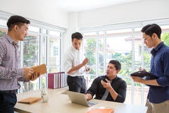Businessman plaining data at meeting room. Business people meeting around desk. Asian people. Young business man. Asian people. stock photos Businessman plaining data at meeting room. Business people meeting around desk. Asian people. Young business man. Asian people. stock photos